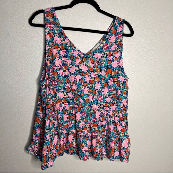 Loft Daisy Double V Peplum Shell Tank Top Floral Print Sz L Pink Blue Green - Picture 4 of 8